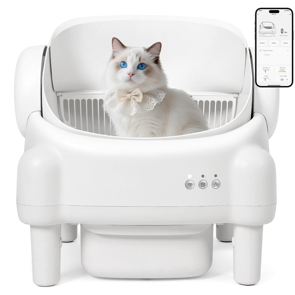 Paruuntys Self Cleaning Litter Box,Open Top Automatic Litter Box with App Control for Multiple Cats, Safety Sensors Protection, Odor Control Includes 2 roll Liners,Large Waste Bin, Cream White
