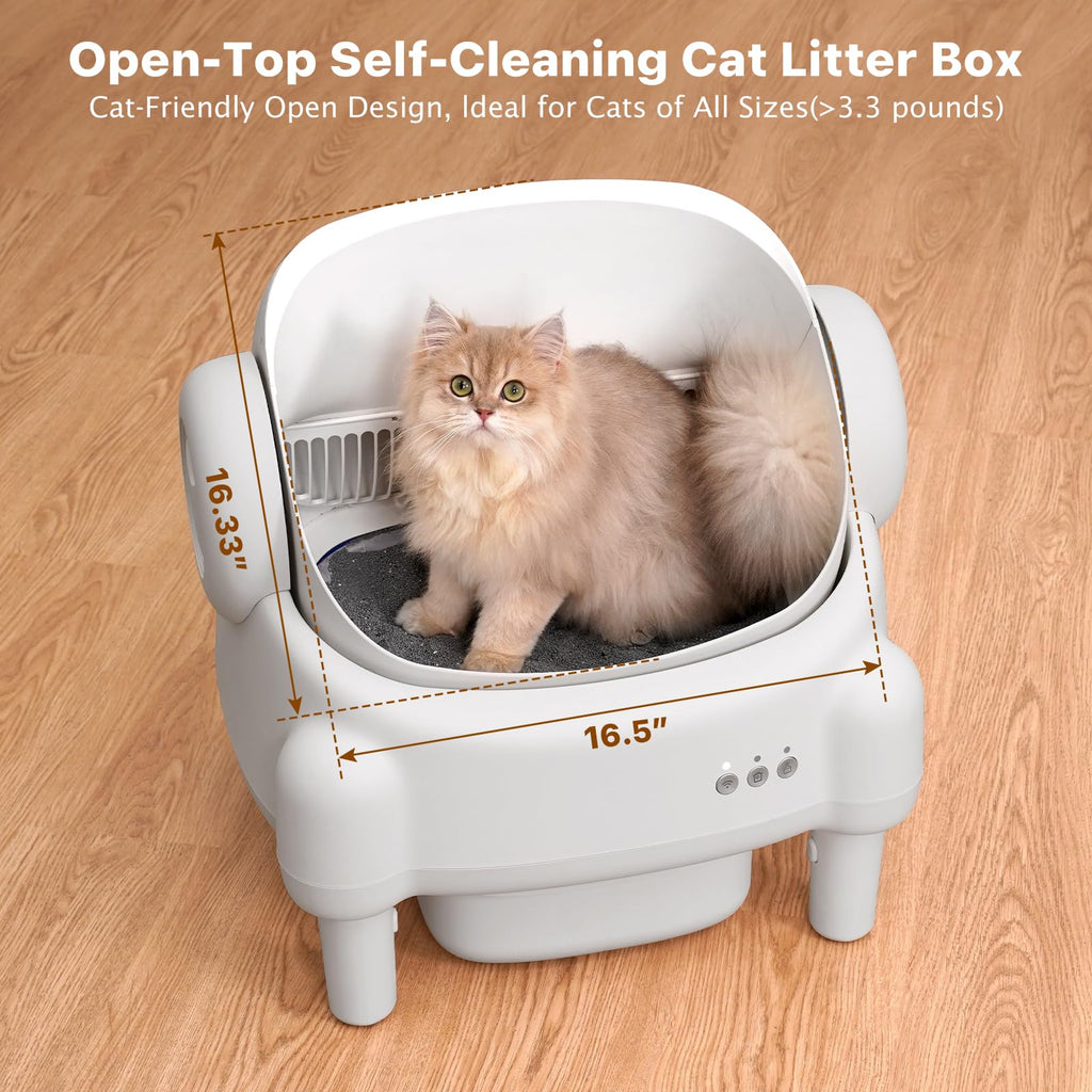 Paruuntys Self Cleaning Litter Box,Open Top Automatic Litter Box with App Control for Multiple Cats, Safety Sensors Protection, Odor Control Includes 2 roll Liners,Large Waste Bin, Cream White