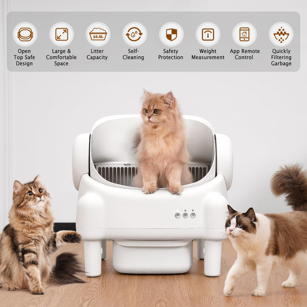 Paruuntys Self Cleaning Litter Box,Open Top Automatic Litter Box with App Control for Multiple Cats, Safety Sensors Protection, Odor Control Includes 2 roll Liners,Large Waste Bin, Cream White
