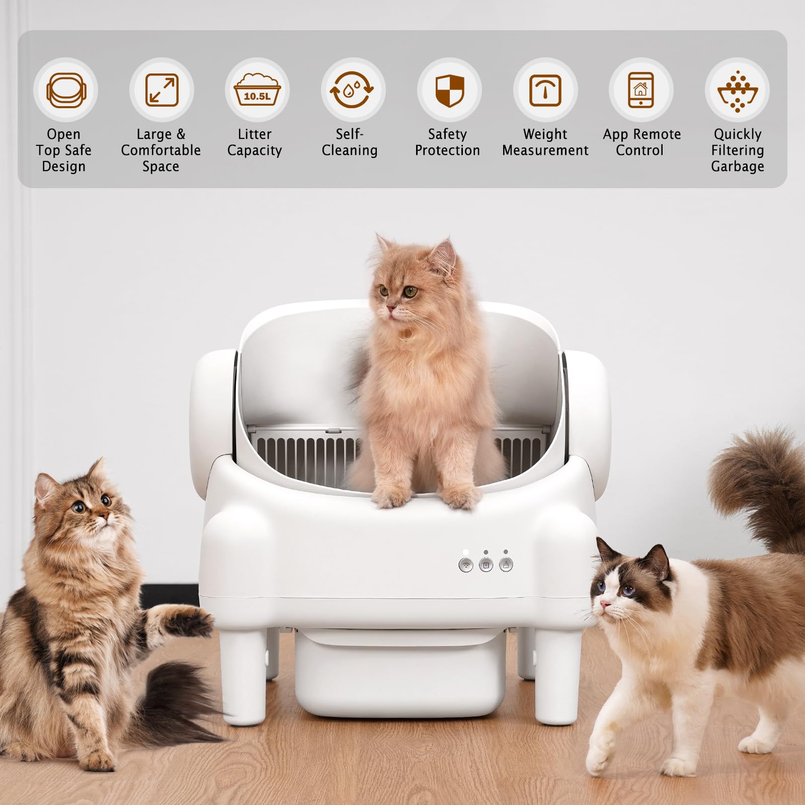 Paruuntys Self Cleaning Litter Box,Open Top Automatic Litter Box with App Control for Multiple Cats, Safety Sensors Protection, Odor Control Includes 2 roll Liners,Large Waste Bin, Cream White