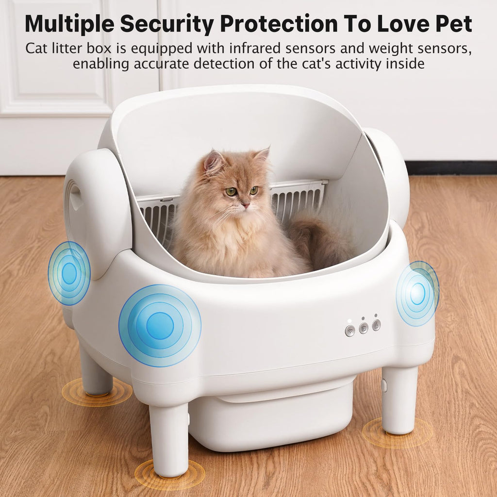 Paruuntys Self Cleaning Litter Box,Open Top Automatic Litter Box with App Control for Multiple Cats, Safety Sensors Protection, Odor Control Includes 2 roll Liners,Large Waste Bin, Cream White
