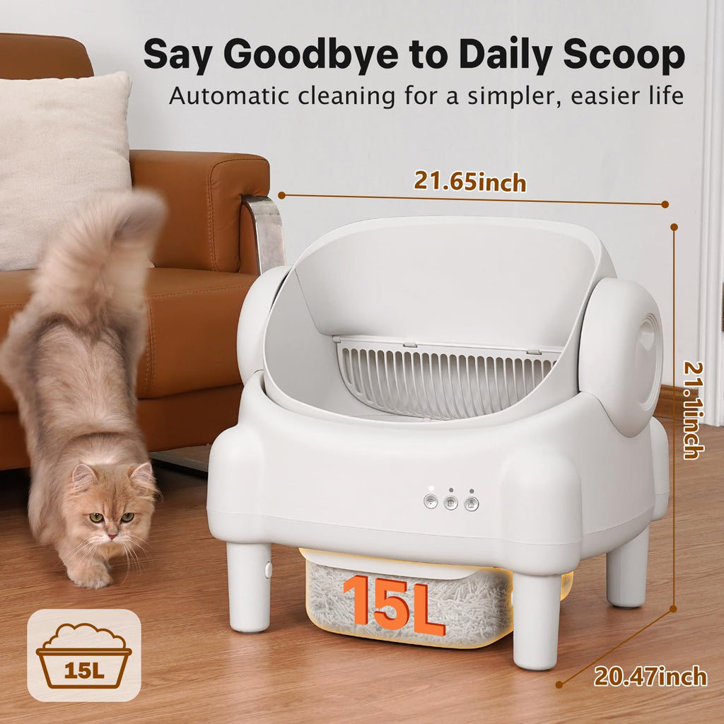 Paruuntys Self Cleaning Litter Box,Open Top Automatic Litter Box with App Control for Multiple Cats, Safety Sensors Protection, Odor Control Includes 2 roll Liners,Large Waste Bin, Cream White