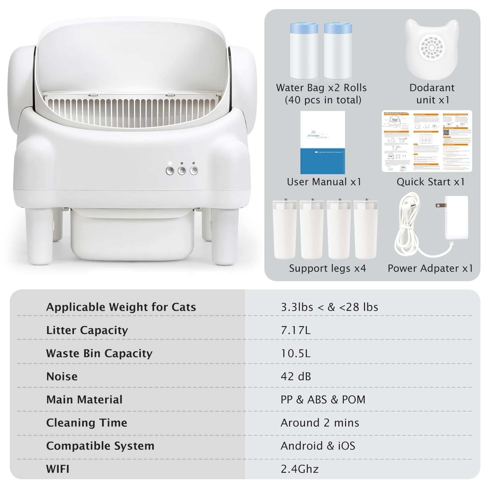 Paruuntys Self Cleaning Litter Box,Open Top Automatic Litter Box with App Control for Multiple Cats, Safety Sensors Protection, Odor Control Includes 2 roll Liners,Large Waste Bin, Cream White