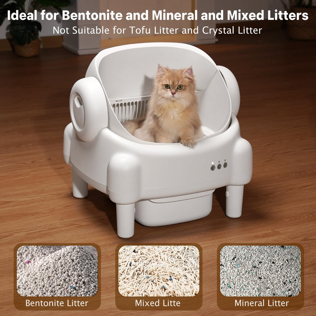 Paruuntys Self Cleaning Litter Box,Open Top Automatic Litter Box with App Control for Multiple Cats, Safety Sensors Protection, Odor Control Includes 2 roll Liners,Large Waste Bin, Cream White
